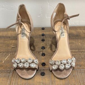 Badgley Mischka Champagne Jeweled Ankle-Strap Heels